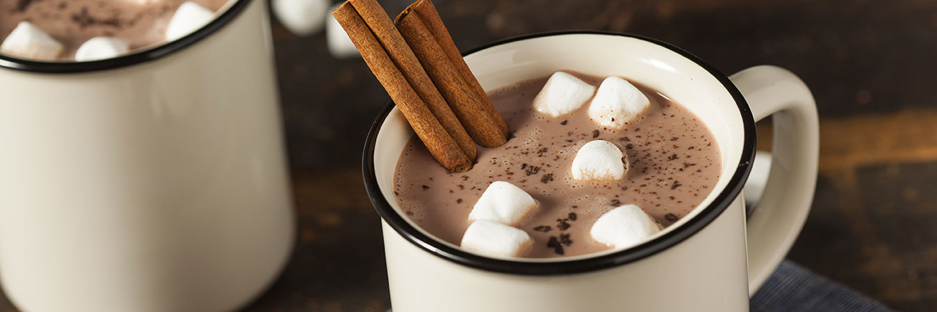 white mug with hot chocolate, marshmallows and cinnamon sticks